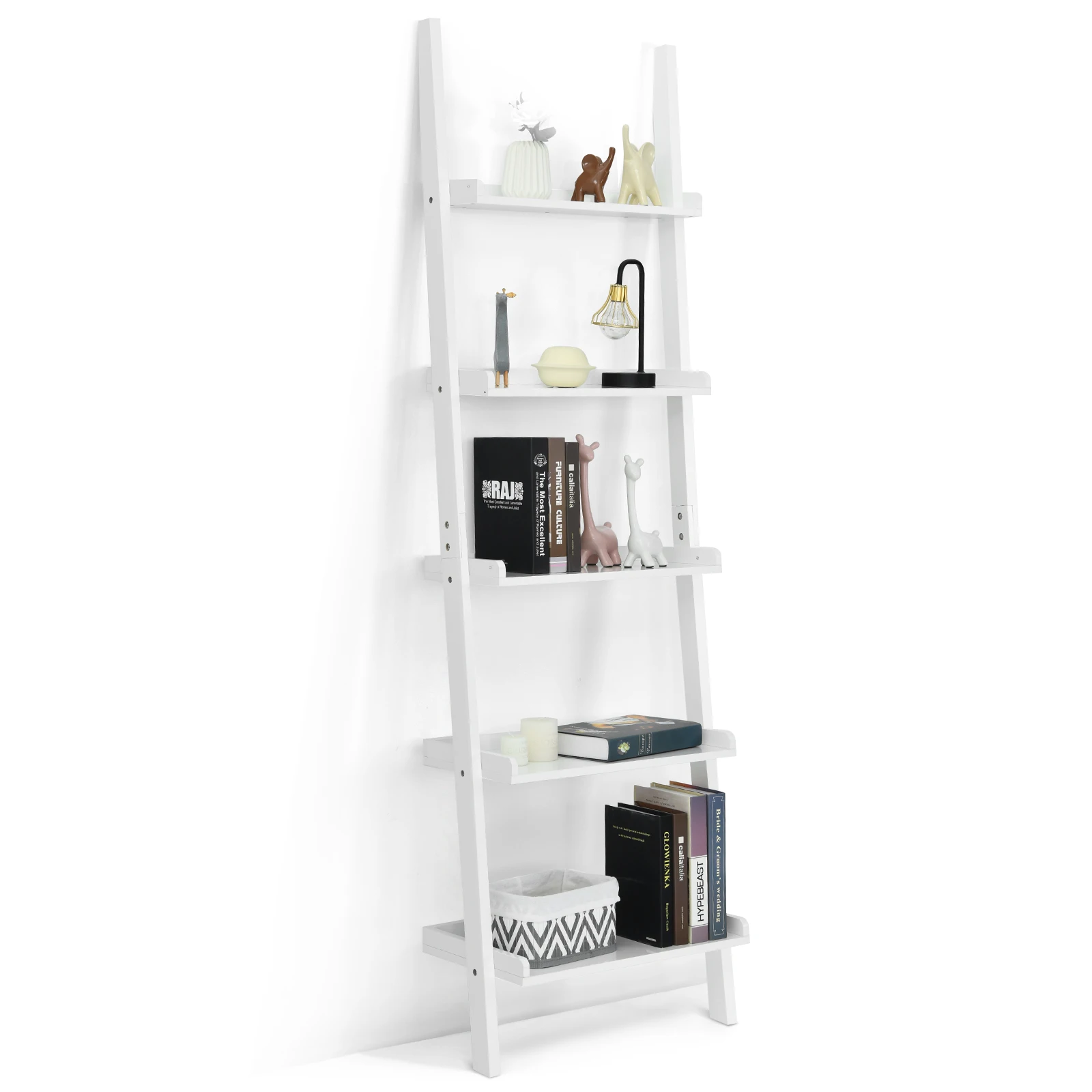 GOFLAME Ladder Shelf 5-Tier Wall-Leaning Bookshelf Ladder Bookcase, Simple Modern Wood Storage Display Shelf