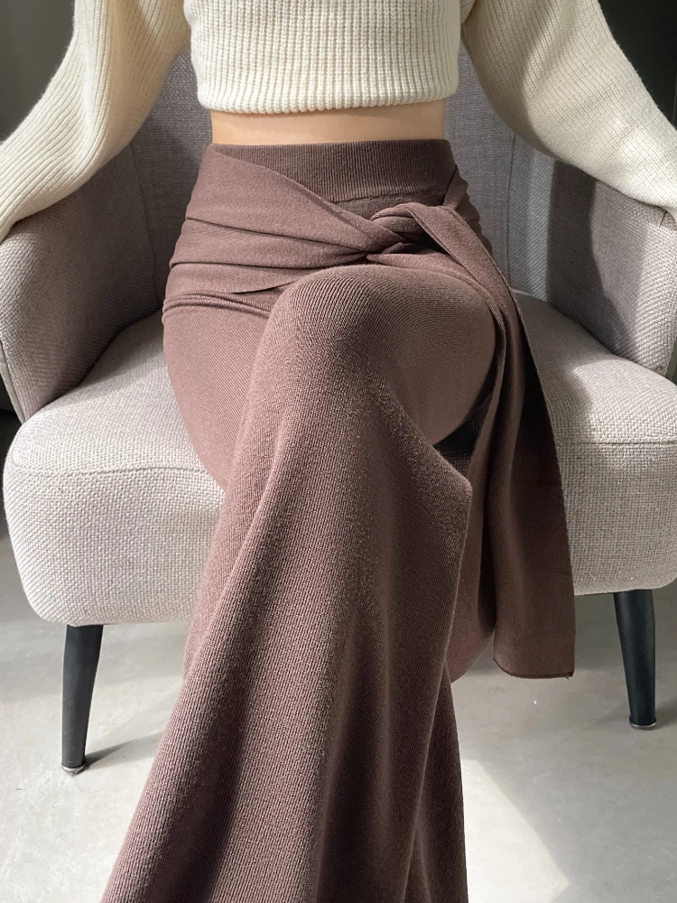 Retro solid color knitted micro flared pants women autumn and winter elastic high waisted slimming floor dragging pants