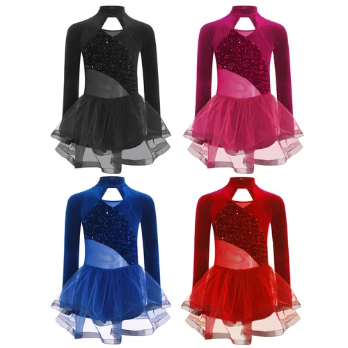 Imagen 2 del producto Niños Niñas Ballet danza tutú sin mangas lentejuelas terciopelo empalme bailarina gimnasia patinaje Leotardos puesta en escena Ropa de baile