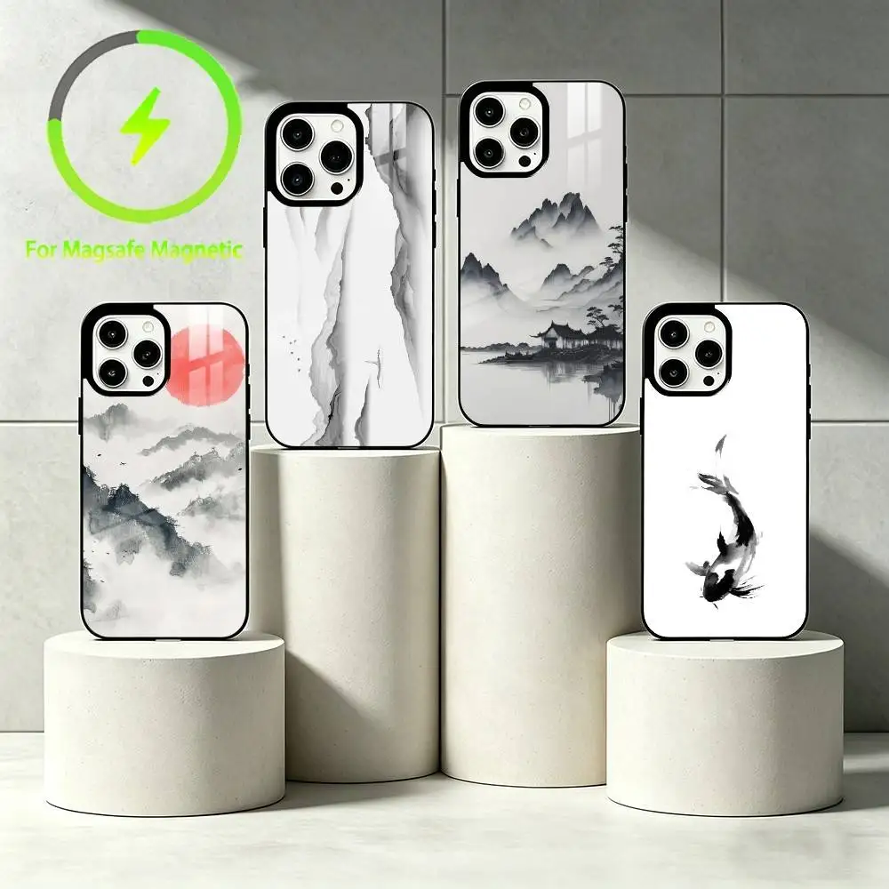 

Minimalist ink painting Phone Case For iPhone 17 16 15 14 13 12 Pro Max Plus for Mirror Wireless Magnetic Cover