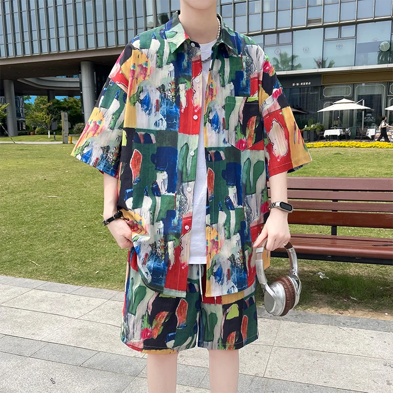 

Men'S Short Sleeves+Shorts Summer Fashion Trend Comfortable High-Quality Breathable Beach Versatile Printed Loose Casual Sett