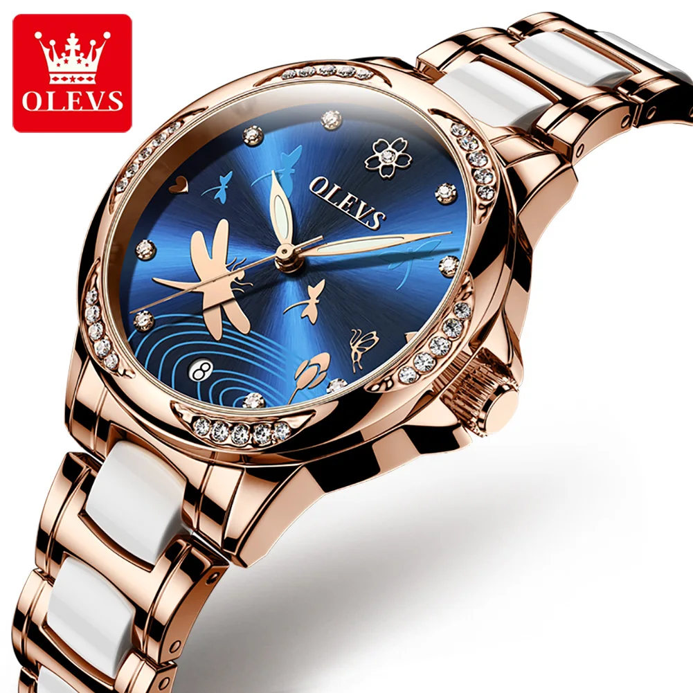 OLEVS Original Automatic Mechanical Watch for Women Elegant Ceramics Strap Ladies Dress Wristwatch Luxury Brand Female Watches