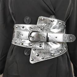 Corsé de cintura de cuero de imitación para mujer, cinturón ancho elástico, moldeador de cuerpo, pretina delgada para vestido de abrigo diario, remache Vintage plateado brillante