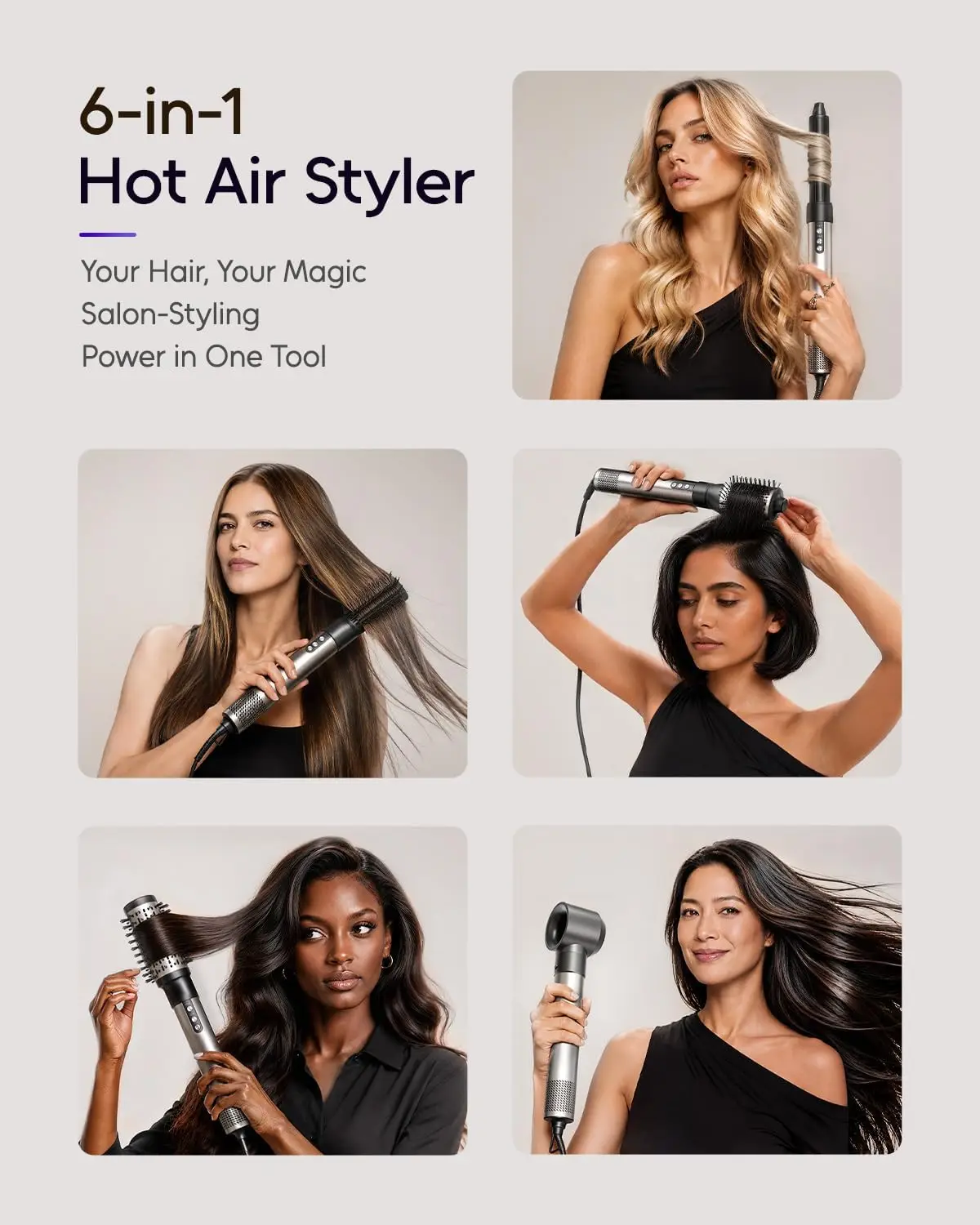 6-in-1 Multifunctional Hair Styler with High-Speed Blow Dryer Brush, Silver