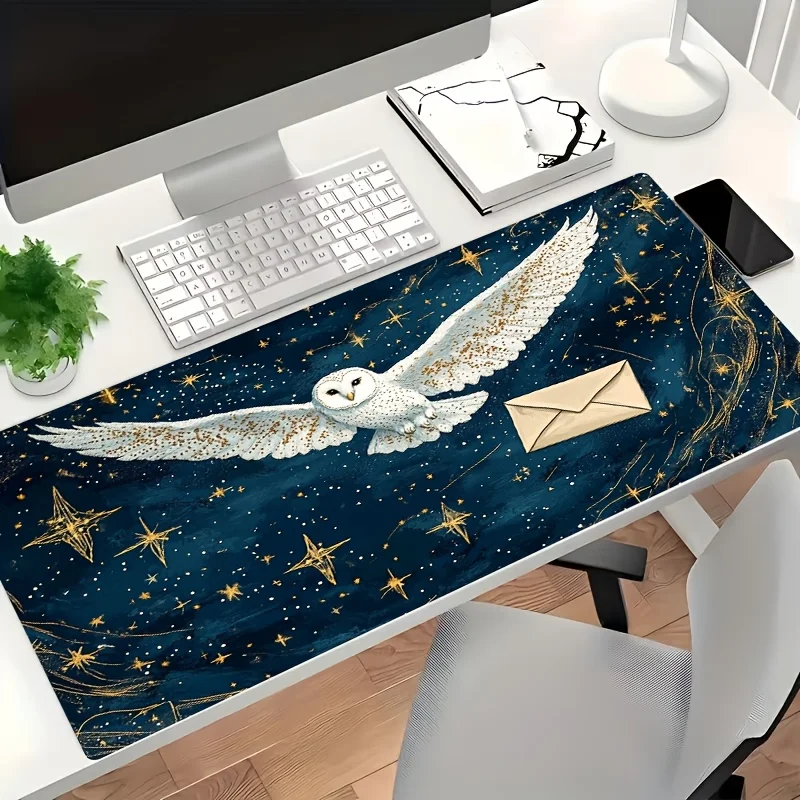 The Large White Owl And Golden Star Light-Themed Mouse Pad with an Envelope Illusion Is The Perfect Gift Choice for Gamers, Featuring an Extra-Large Desk Mat