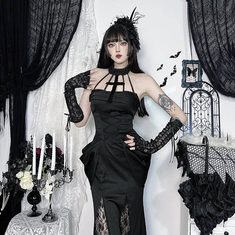 Cyber Y2K Partywear Harajuku Flocking Print Cross Straps Dress Women Lace Mesh Bodycon Dresses Gothic Streetwear