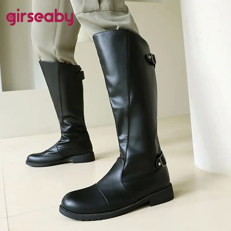

2025 Casual Men's Knee High Boots Round Toe Thick Heels 3cm Zipper Belt Buckles Extended Size 47 48 50 Fashion Daily Bota
