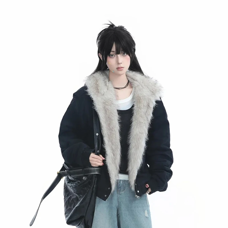 

American Vintage Hooded Jacket Women Biker Street Fur Collar Coat Long Sleeve Thick Warm Winter Casual Harajuku Outwear