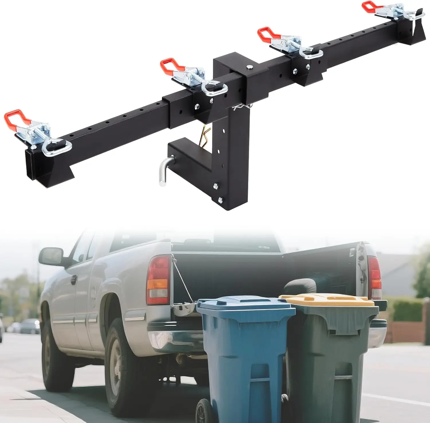 

Dual Trash Can Hauler Hitch, Adjustable 2' Trailer Hitch for ATVs, Trucks, Trailers – Anti-Loose Locking