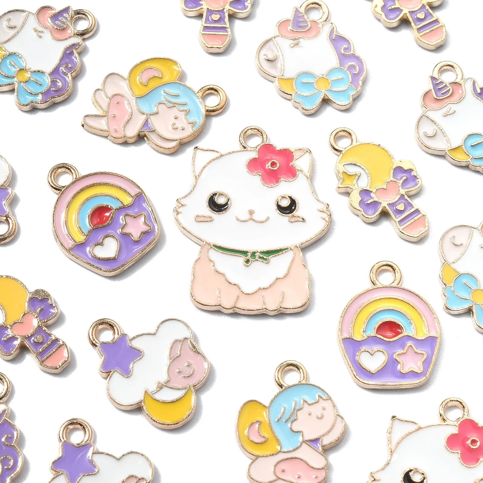 

PandaHall 60Pcs 6 Styles Cute Enamel Charms Adorable Unicorn Rainbow Magic Stick Cat Charms for Jewelry Making DIY Accessories