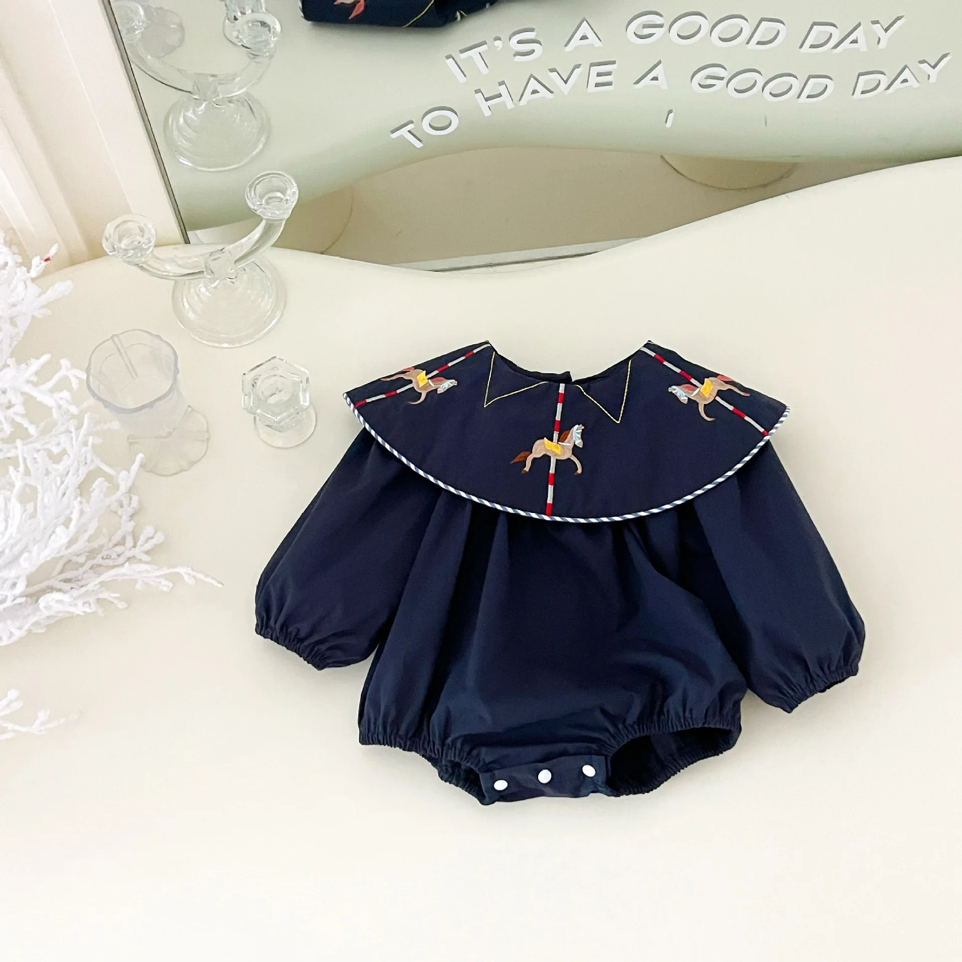 2026 New Autumn Baby Girls Carousel Embroidery Romper | Lapel Collar Long Sleeve Bodysuit | Korean Chic Going Out Outfit