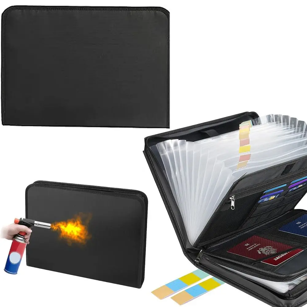 Fireproof Expanding File Folder Waterproof Zipper Closure Document Bag with Labels Space Saving Portable
