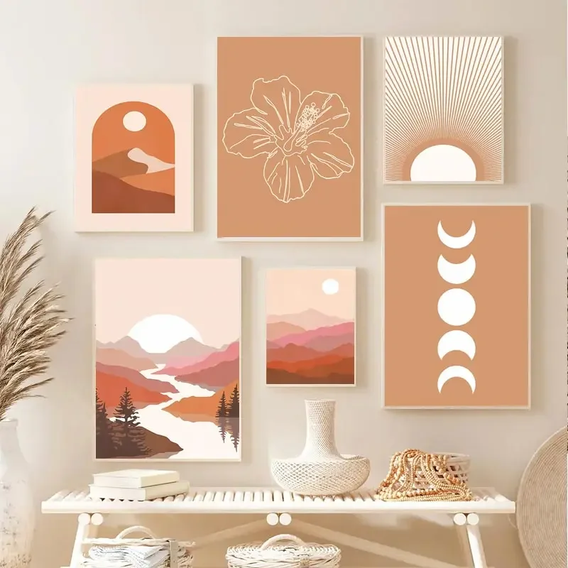 Abstract Boho Sun Mountain River Poster Flowers Leaves Line Canvas Painting Nordic Landscape Picture Living Room Wall Art Decor