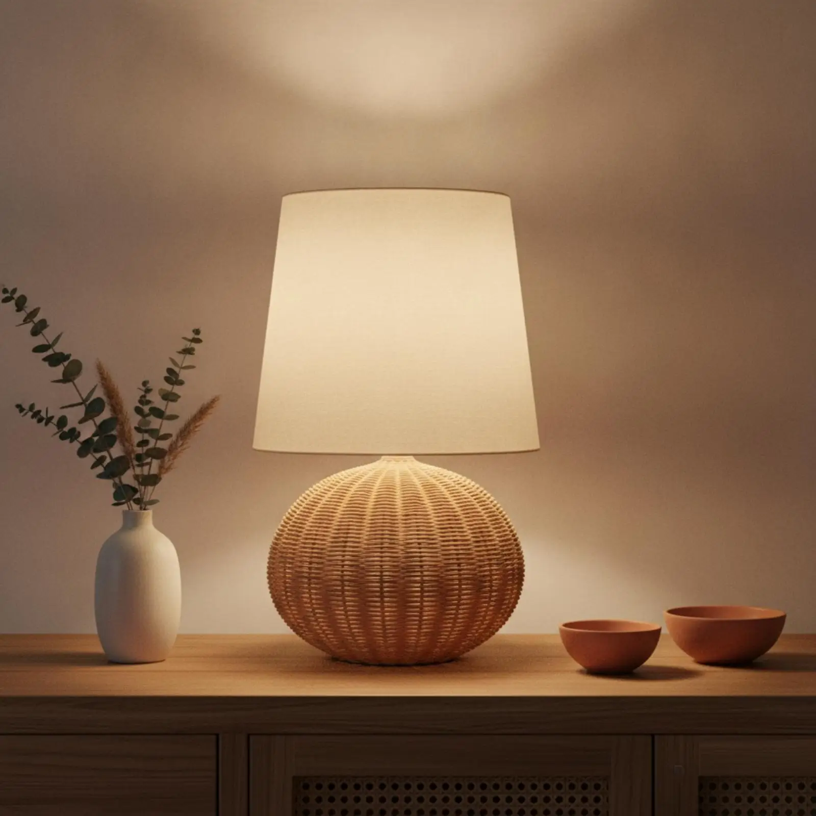 Bedside Lamp Rattan Base Fabric Shade Night Table Lamp Decorative Lighting for Bedroom Living Room view 3