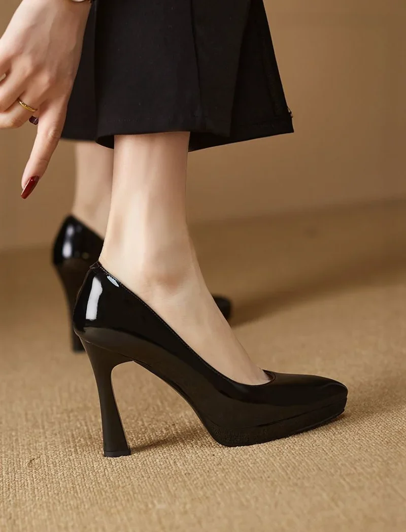 Shoes for Women Thin Heels Black Normal Leather Casual Super High Heel Sexy Woman Footwear Pointed Toe Platform Y2k Korean Style