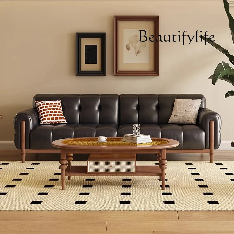 X36 Retro Leather Sofa First Layer Cowhide Living Room Straight Row French Medium Antique Black