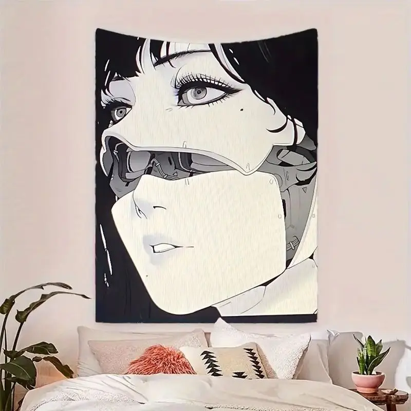 VIKAMA Cyberpunk Anime Girl Tapestry Mechanical Mask Japanese Manga Wall Hanging Bedroom Dormitory Esports Room Home Decoration