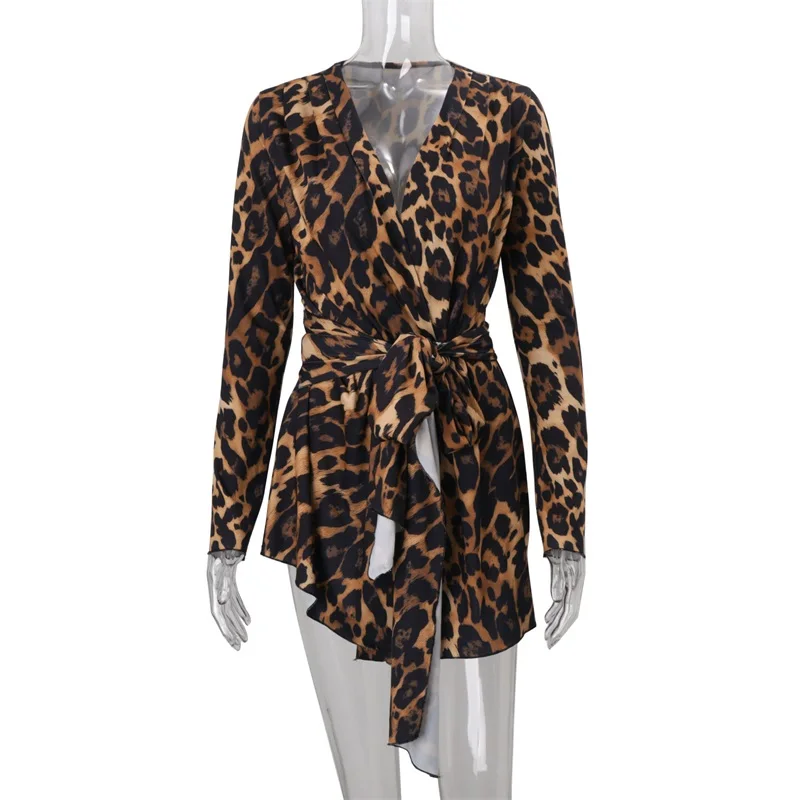 Leopard Print Strap Up Waist Women Prom Dress Ruffle Deep-V Neck Party Gown Long Sleeve Autumn Evening Dress New Design In Stock