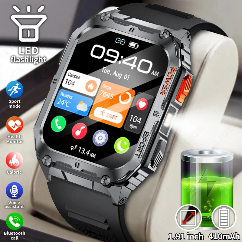 

Смарт-часы LIGE для занятий спортом на открытом воздухе, 1,91-дюймовый HD-экран, светодиодный фонарик, Bluetooth, умные часы с функцией вызова и измерения артериального давления для мужчин, праздничный подарок