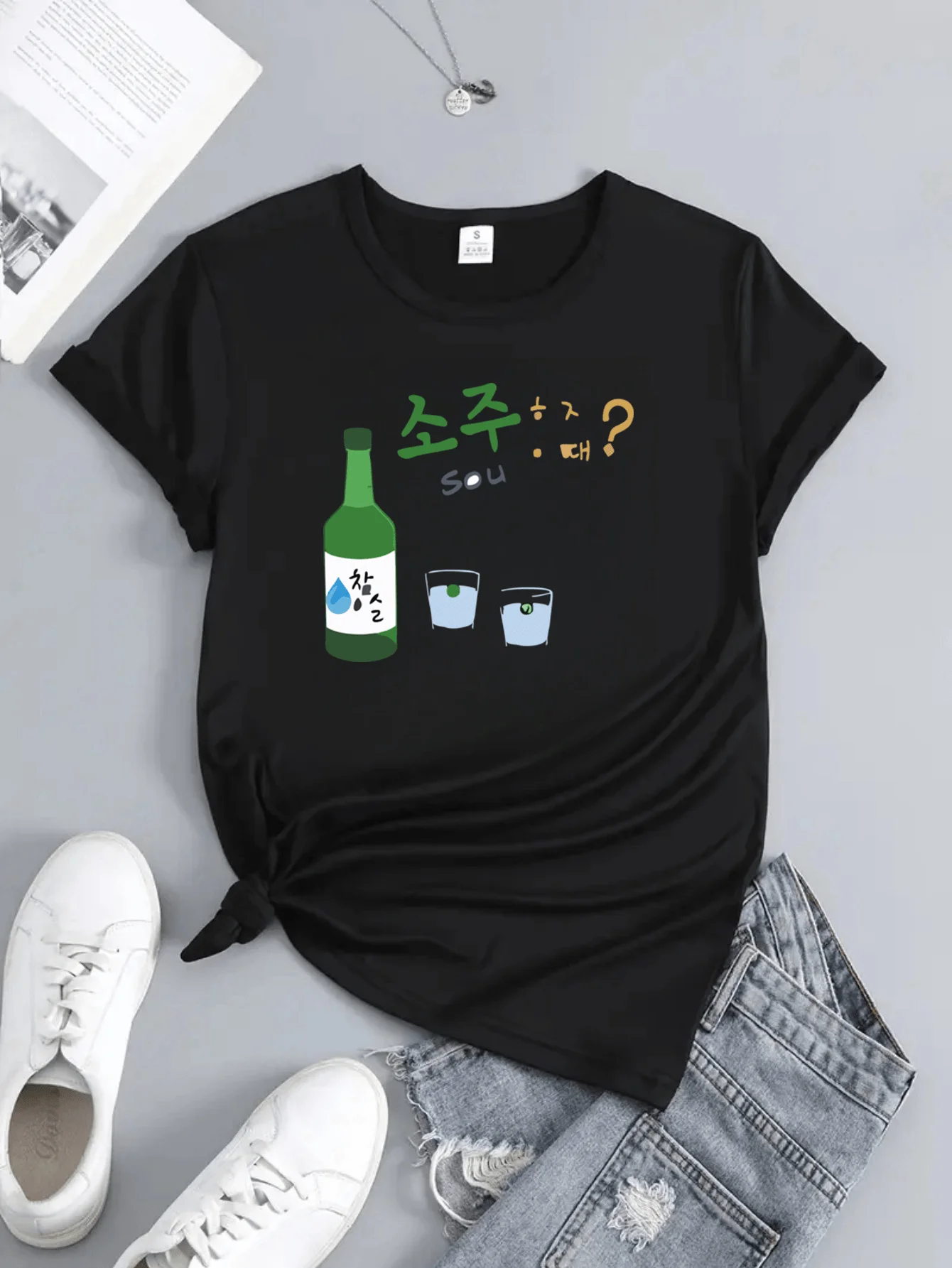 Camisetas de manga a la moda para mujer, ropa transpirable, bonito saludo coreano, estampado de Jinro, ropa estética con cuello redondo