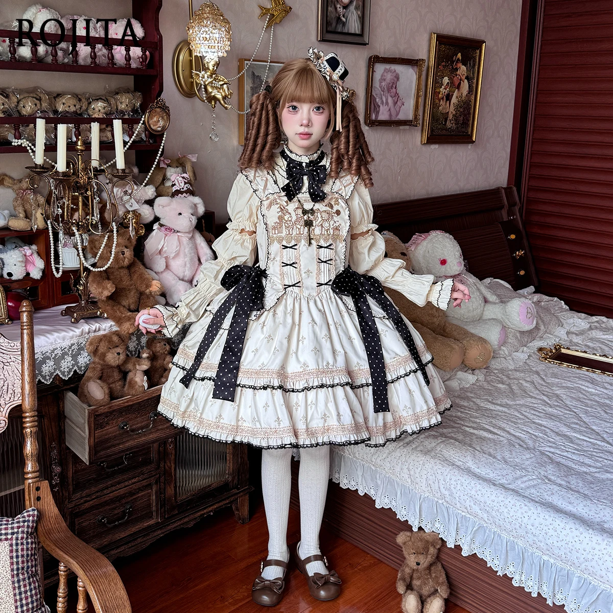 

Lolita Original Sleeveless Dress Women Holiday JSK Doll Feel Bear Embroidery Dog Tooth Birthday Dress Vintage Dress 2025 New