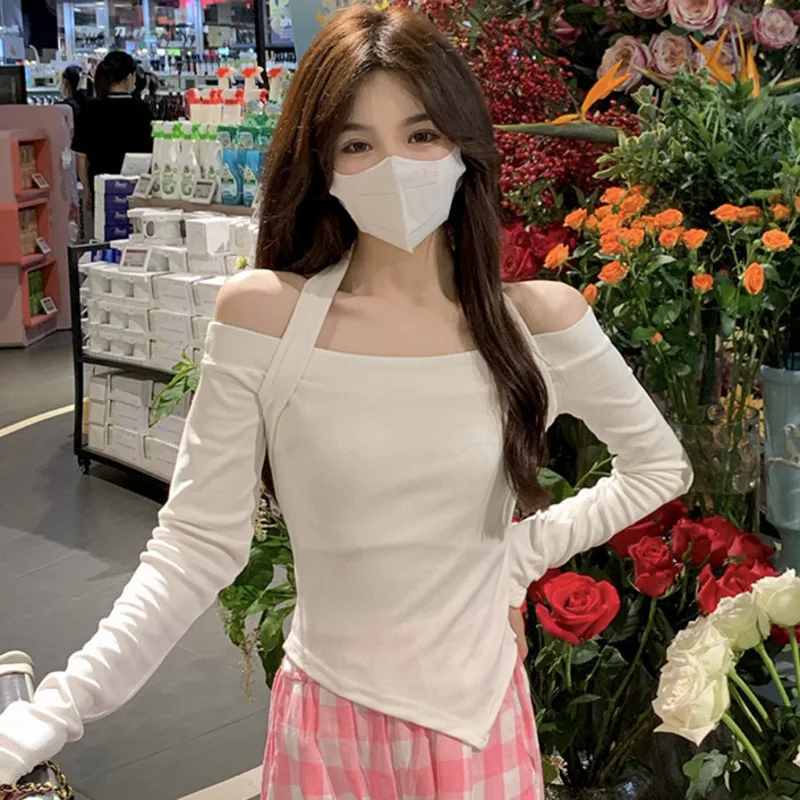 Slim Fit Long Sleeve T-shirts Women Solid Stylish Chic Halter Fake-two Pieces Short Tops Female All-match Fashion Irregular Tee