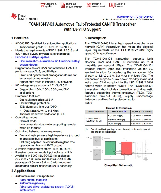 TCAN1044VDRQ1  Automotive Fault-Protected CAN FD Transceiver With 1.8-V I/O Support – Advanced driver assistance system (ADAS)