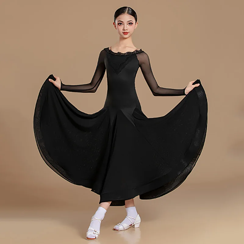 모던 댄스 드레스 어린이 소녀 전문 표준 댄스웨어 바디수트와 빅 스윙 스커트 댄스 공연 연습 의상