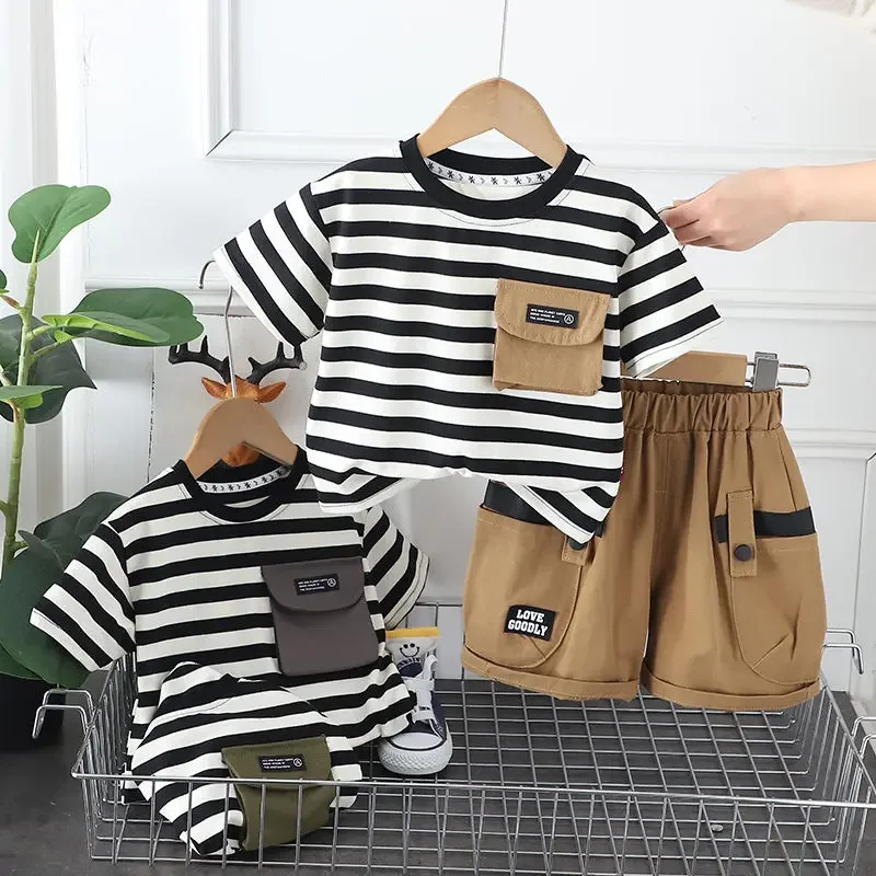 Kids Boy Girls Clothes Infant Cotton Strips T Shirt Shorts Sport 2pcs/Sets Garment Children Tracksuit 1 2 3 4 5  Years