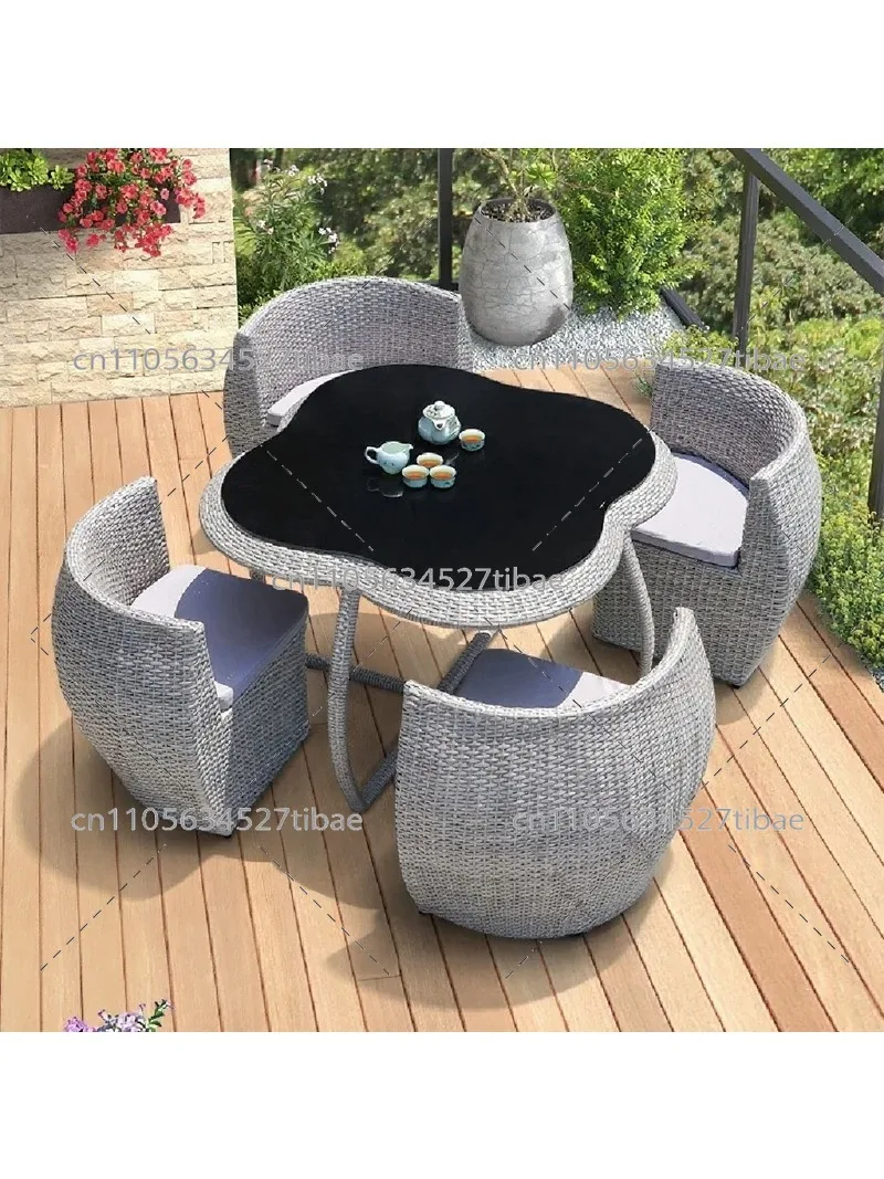 Outdoor Rattan Dining Set, Waterproof Sunproof Garden Table and Chairs, Courtyard Iron Rock Plate Dining Table
