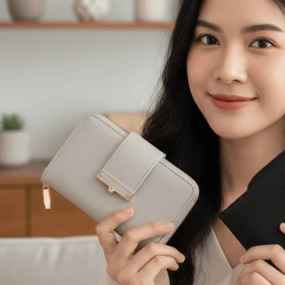 

Versatile Portable Solid Color Wallet Polyester Multiple Card Women Card Bag Fashion Flower Zipper Leather Purse Daily