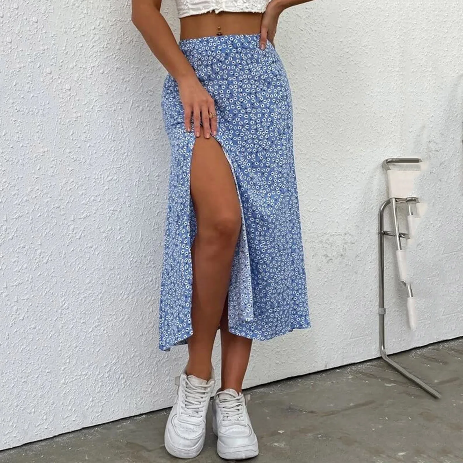 

Fashion Vintage Skirt 2023 Flower Polka Dot Print High Waist Stretch Split Long A-Line Skirts For Women Fashion Beach Maxi Skirt