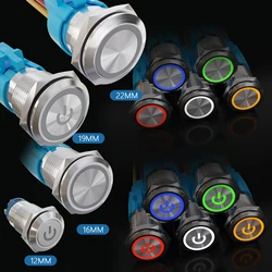 APIELE 12/16/19/22mm Push Button Switch Metal Waterproof Latching Momentary LED Light Car Engine Power Switch Blue Red