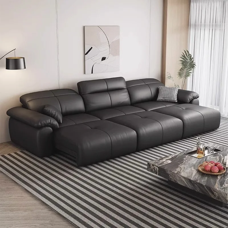 Leather sofa electric sofa bed dual-purpose multi-function adjustable living room simple Italian black straight row