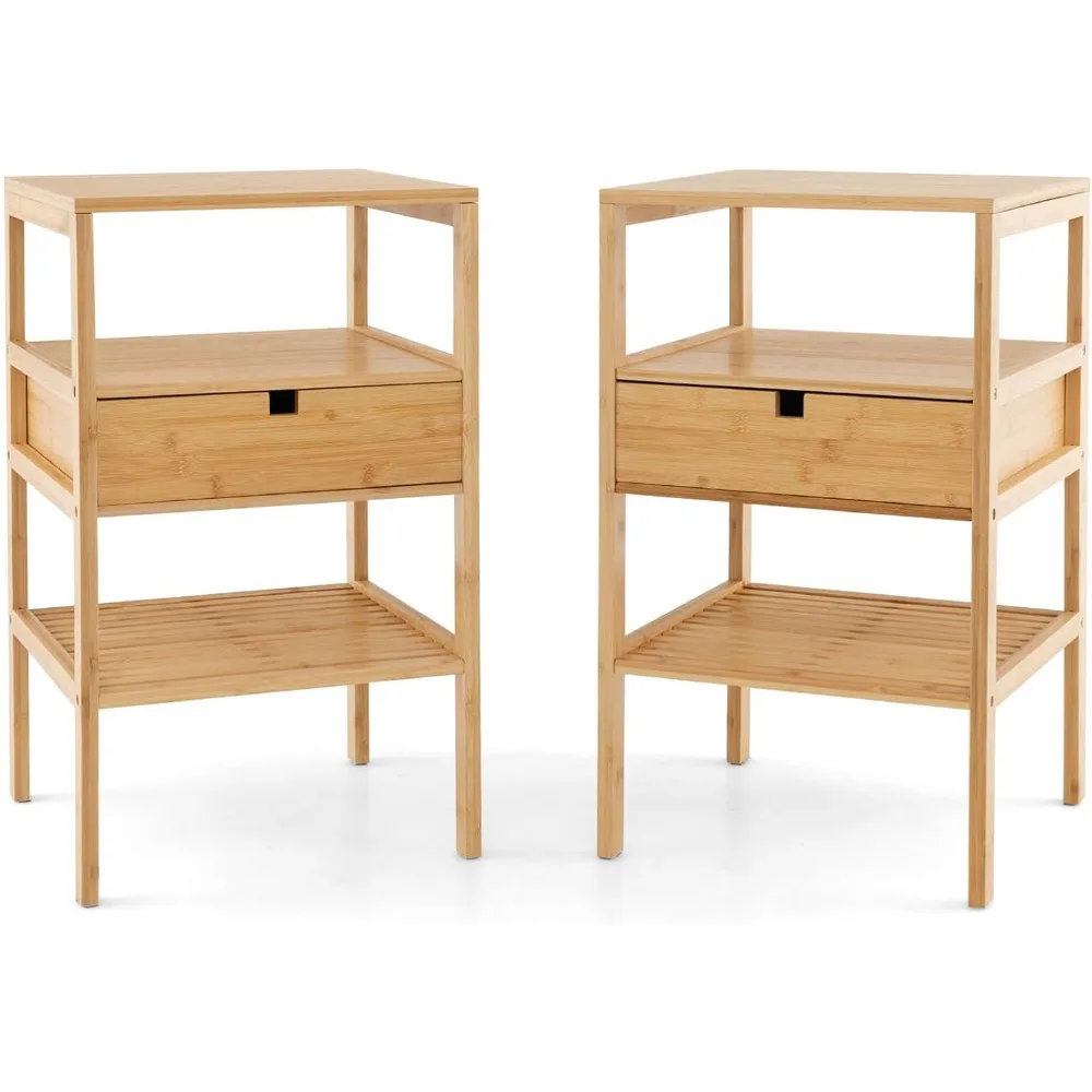 Bamboo Nightstands Set of 2, Wood Side Tables with Drawer and 2 Storage Shelves, Multifunctional Bedside Tables for Small Spaces