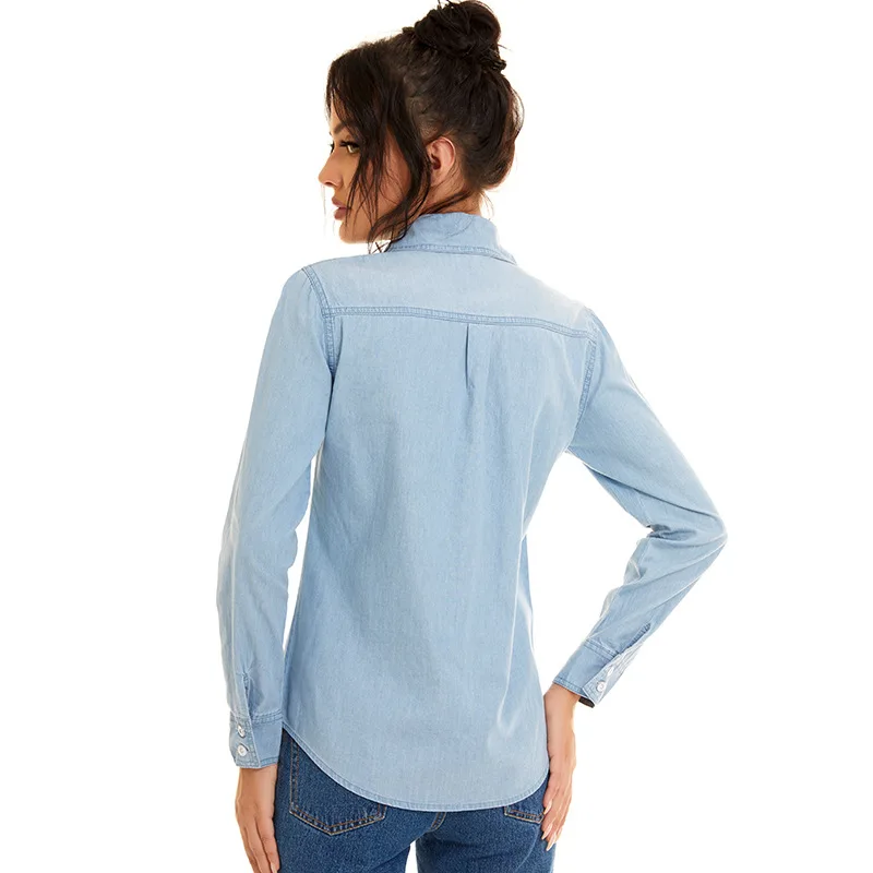 Streetwear Light Blue Cotton Thin Basic Shirts Jeans Woman 2024 Spring Long Sleeve Denim Blouses Ladies Tops Clothes