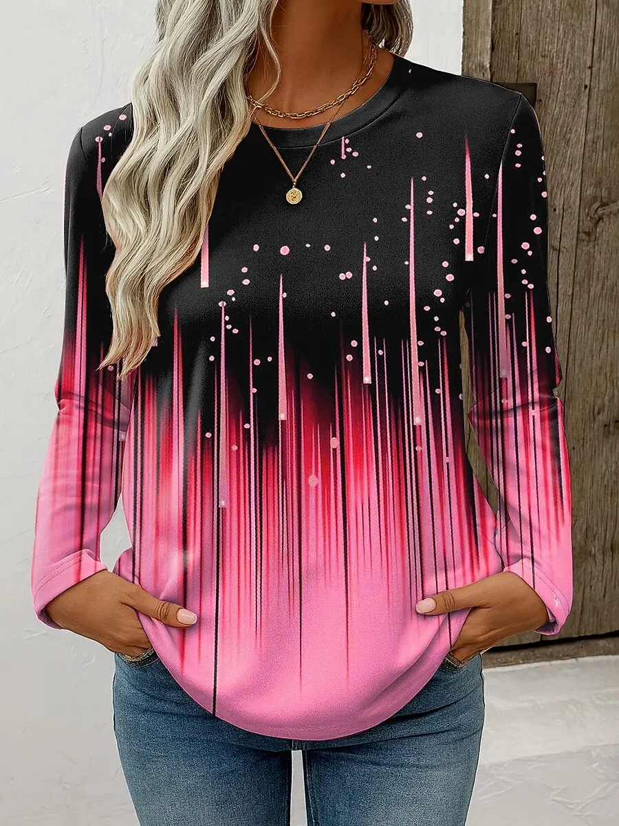 2025 Women's T-shirts Casual Long Sleeve Tops Ombre Graphic Geometric Tees Shirts Blouse O-neck Fall Winter Streetwear Pullover