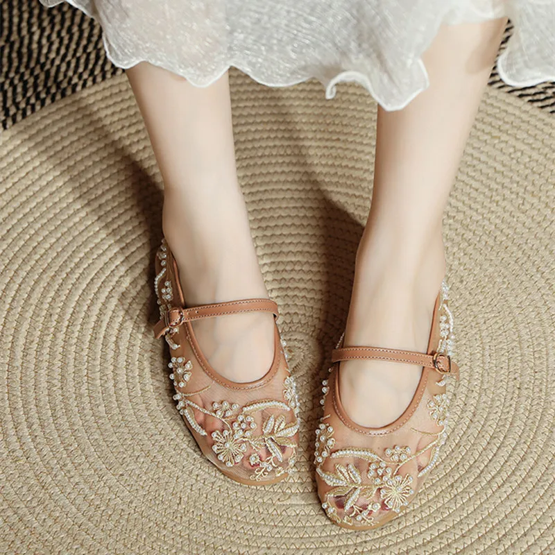 Embroidery String Bead Mesh Ballet Flats Women Fashion White Pearl Mary Jane Shoes Light Summer Flats Elegant Cozy Flat Sandals image 5