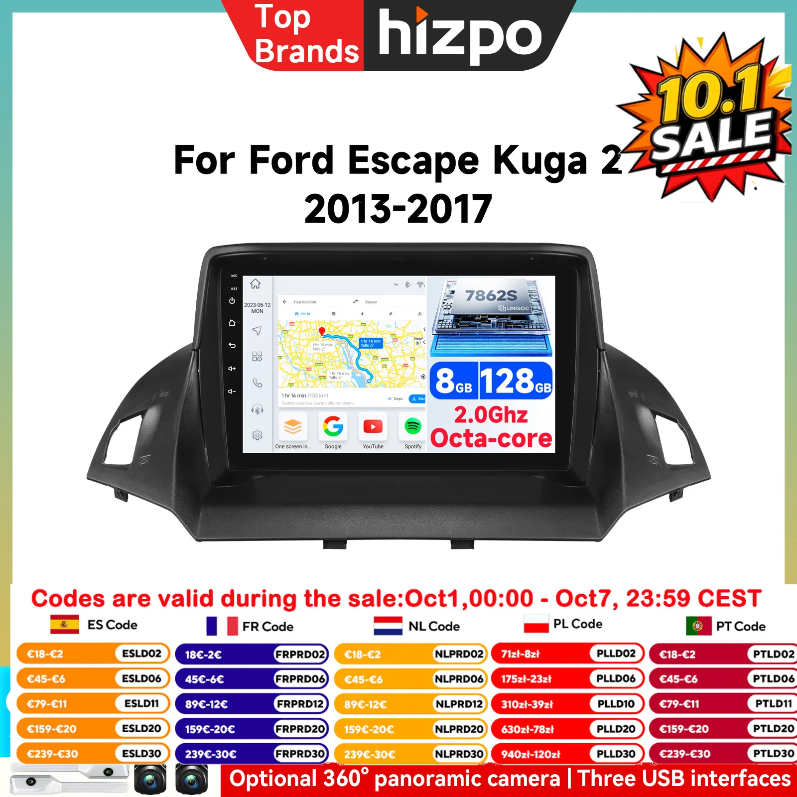 Autoradio Android con Carplay Wireless, GPS, Navigazione, Schermo Stereo e Multimedia per Ford C-MAX Kuga 2 Escape 3 2013 - 2017