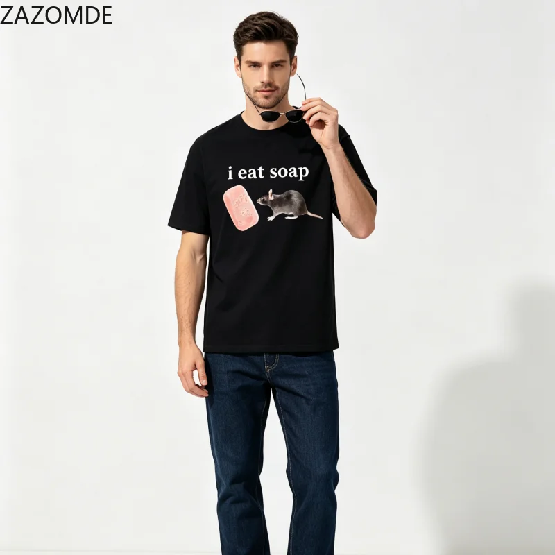 ZAZOMDE Hilarious Odd Meme Graphic Vintage Streetwear Unisex Short Sleeve Eye-catching Rat Soap Print Oversized Casual T-shirt