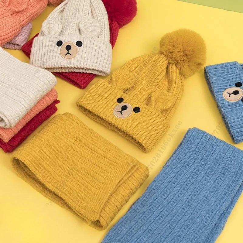 

Winter Warm Beanie and Scarf Set for Kids Bear Hat with Earflaps Crochet Shawl Bonnet Toddler Boys Girls Outdoor Accessories