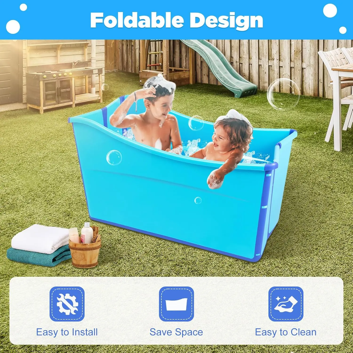 Bañera Portátil para el Hogar, 34.3*18.1*22.2 pulgadas, Bañera Práctica para Usuarios Menores de 5.3 pies de Altura, con Tubería de Drenaje de 3.6 pies y Tapones de Drenaje ﻿