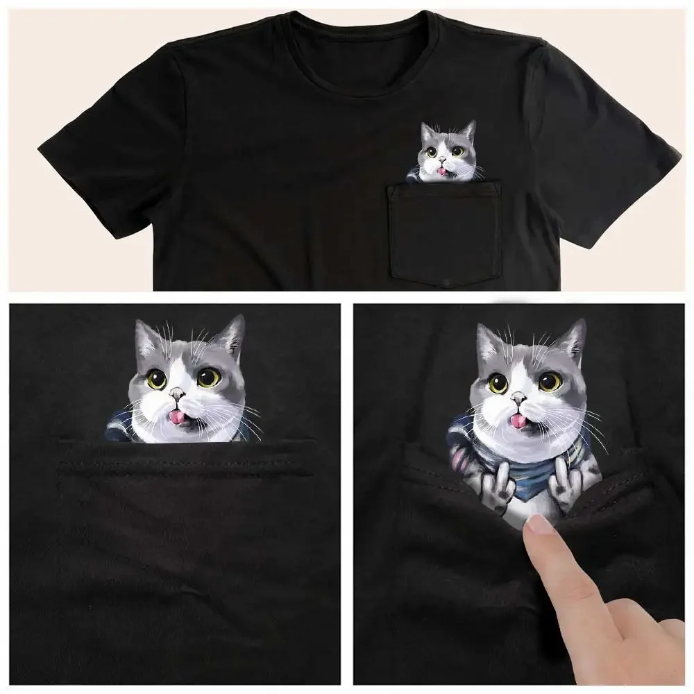 CLOOCL American Shorthair Cats T-shirts Double Middle Finger Pocket Cotton T-shirt Summer Short Sleeve Shirts Men Clothing