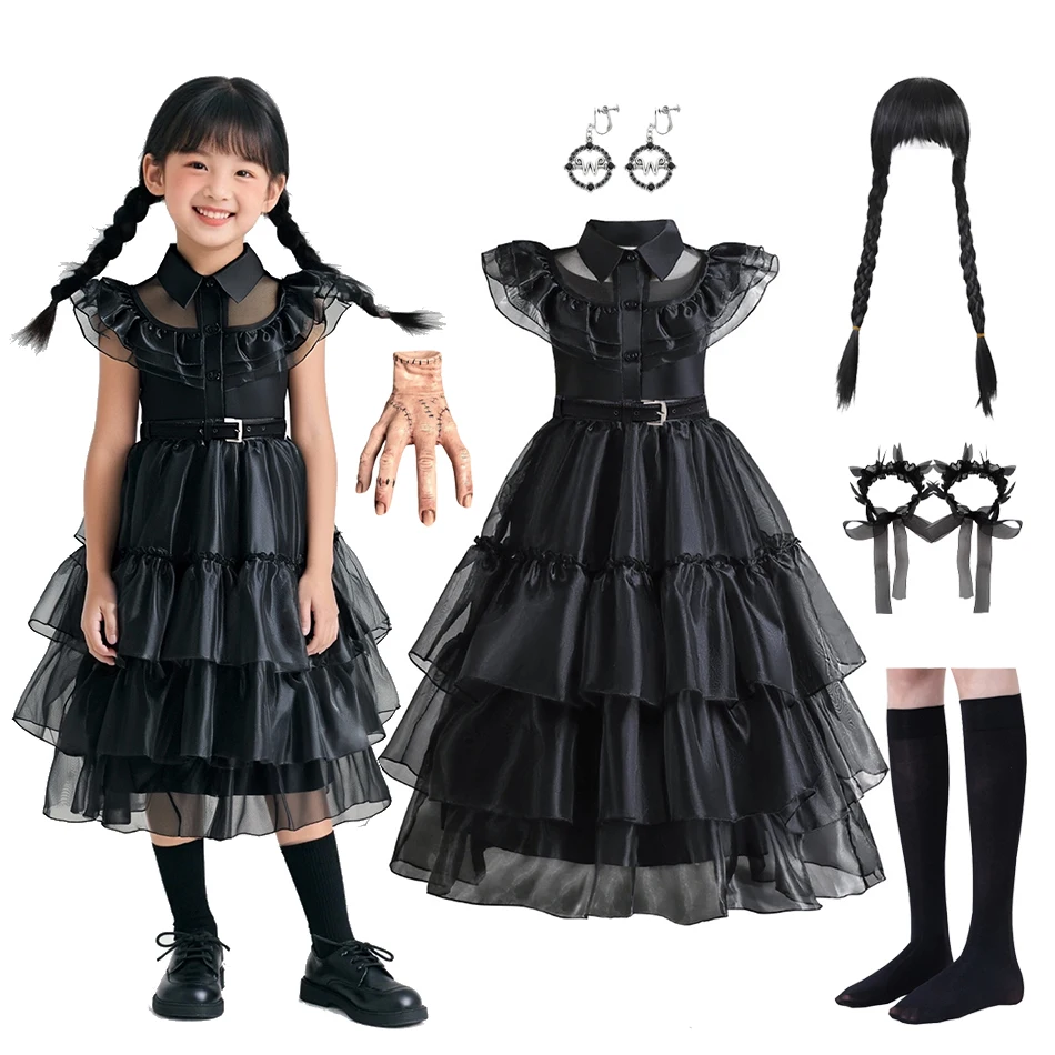 

Детский костюм на Хэллоуин, черный готический костюм для девочек для вечеринки, косплей, сетчатое платье с полым тортом для девочек, детская одежда, комплекты для маскировки