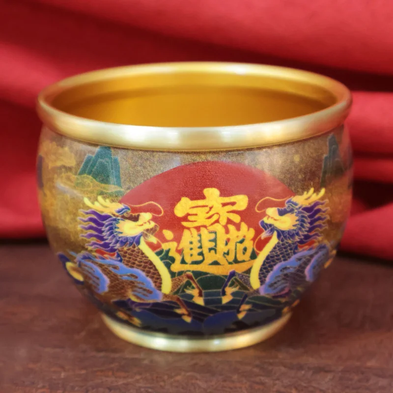 Brass Dragon and Phoenix Auspicious Painted Jar Home Worship Feng Shui Ornament High-end Golden Toad Colorful Money Box Wealth A