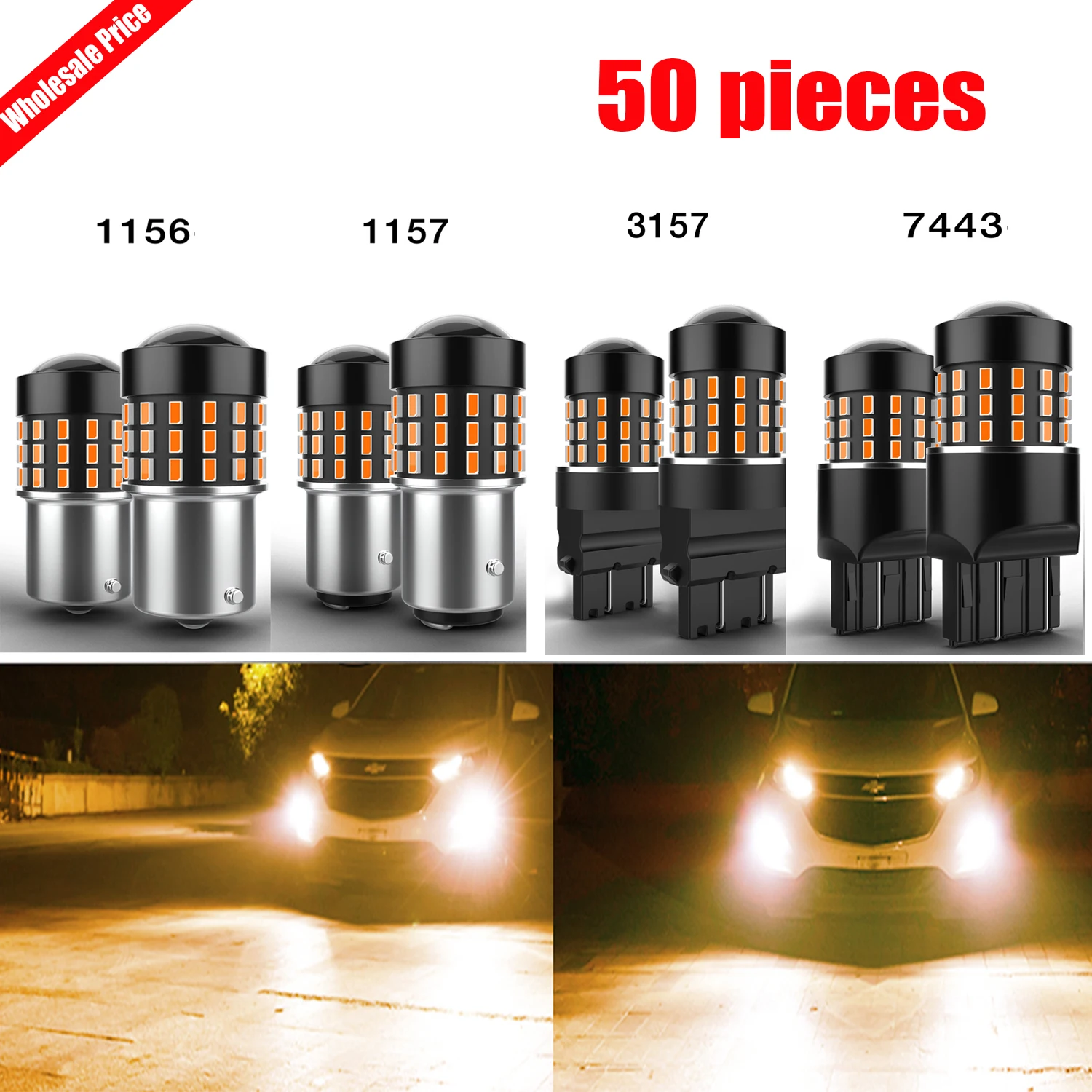 50 Pcs 7443 T20 W21/5W 1156 P21W BA15S 1157 P21/5W BAY15d 3157 T25 LED Turn Signal Bulb 1200Lm 54PCS 3014 Chips 360° Beam Angle
