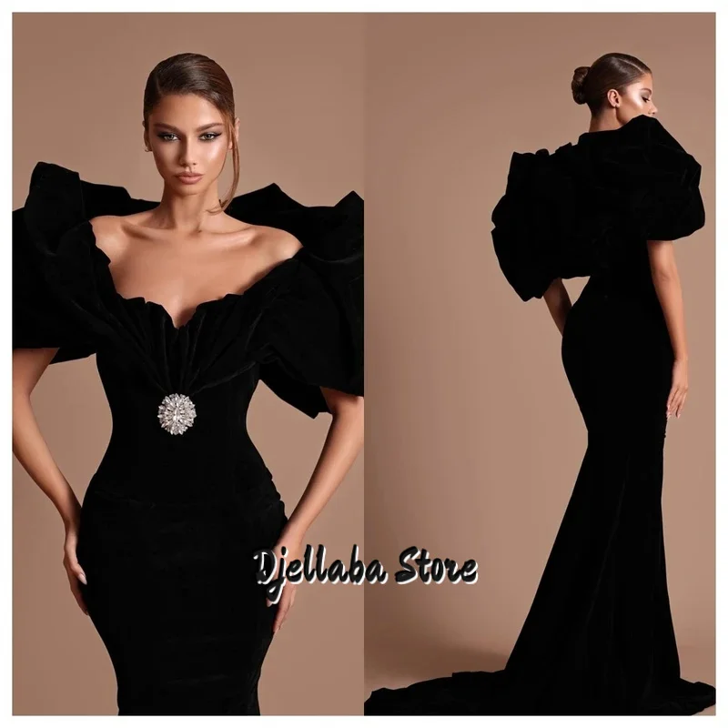 

Роскошное черное бархатное вечернее платье по индивидуальному заказу с квадратным воротником и короткими рукавами, платья знаменитостей с кристаллами, Vestido De Fe