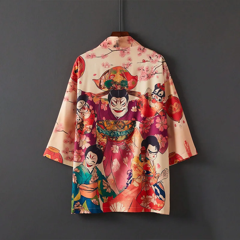 Japanese Fashion Trend Ukiyo-E Vintage Cartoon Anime Print Cosplay Kimono Cardigan Haori Summer Loose Plus Size Beach Vacation Niche Design Swimsuit Cover-Up Jacket