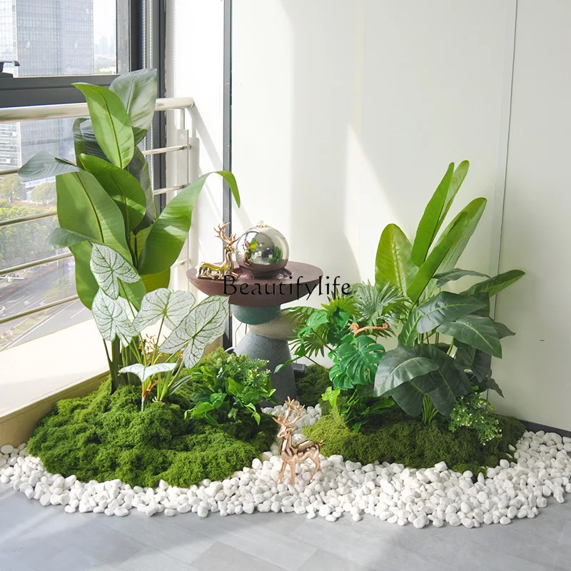 

Indoor landscape landscaping green plant partition floor running water ornament combination