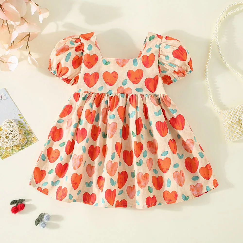 Summer New Cute Full of Love Short Sleeved Cotton Dress for Girls Korean Back Bow Dress Suitable for 0-3 Year Old Babies